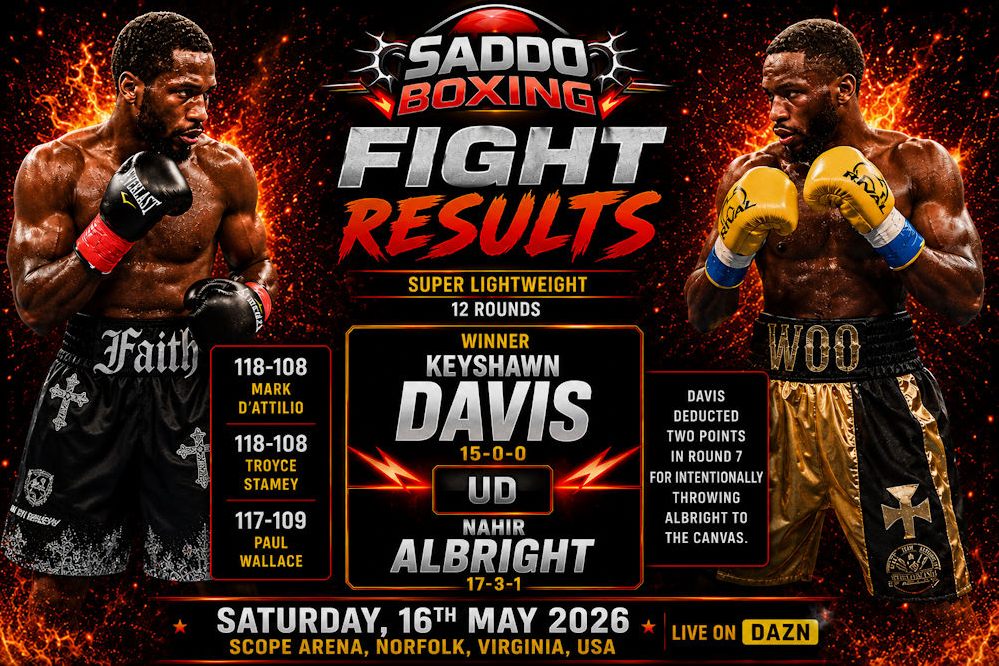 Keyshawn Davis and Nahir Albright featured on a Saddo Boxing fight results graphic after Davis won a unanimous decision in their May 2026 Norfolk rematch.