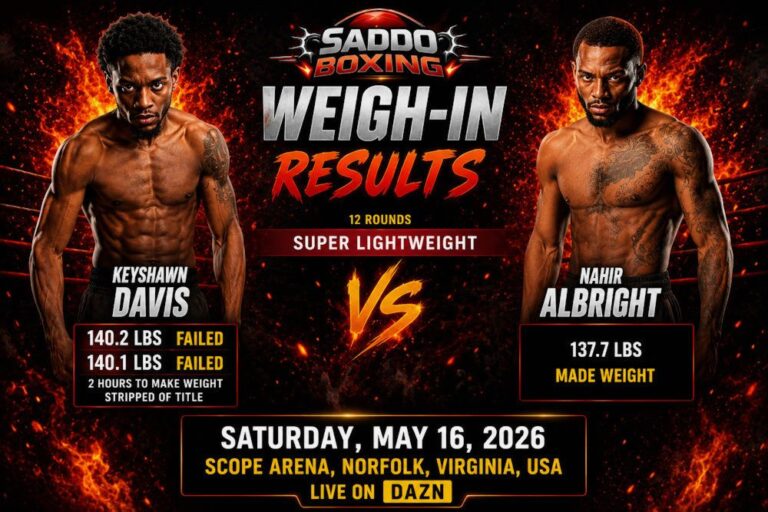Keyshawn Davis and Nahir Albright on a Saddo Boxing weigh-in results graphic showing Davis missing weight and Albright making weight ahead of their May 2026 super lightweight fight in Norfolk.
