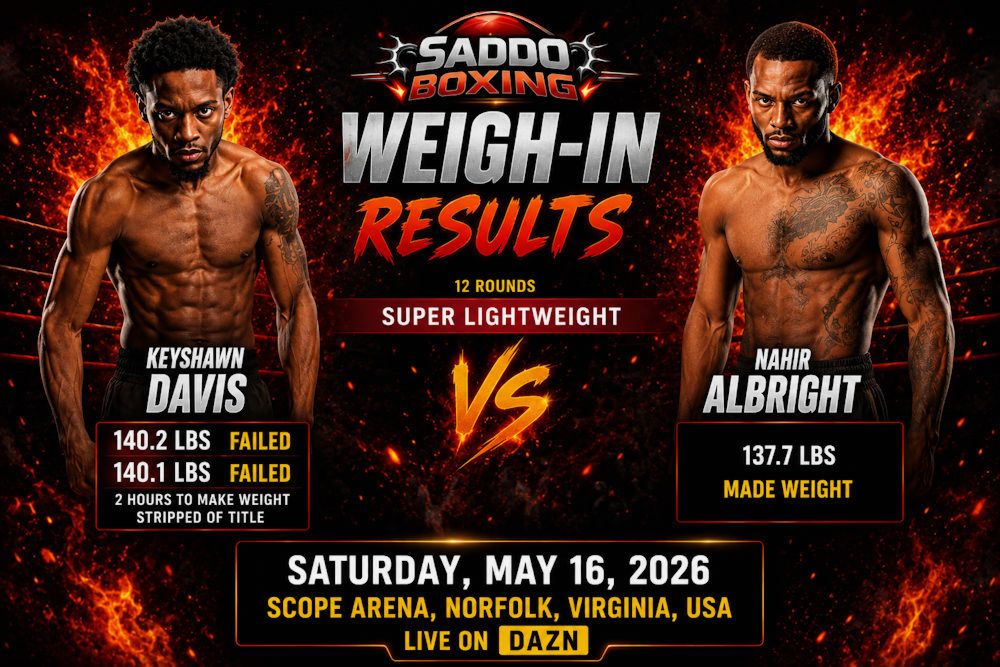 Keyshawn Davis and Nahir Albright on a Saddo Boxing weigh-in results graphic showing Davis missing weight and Albright making weight ahead of their May 2026 super lightweight fight in Norfolk.