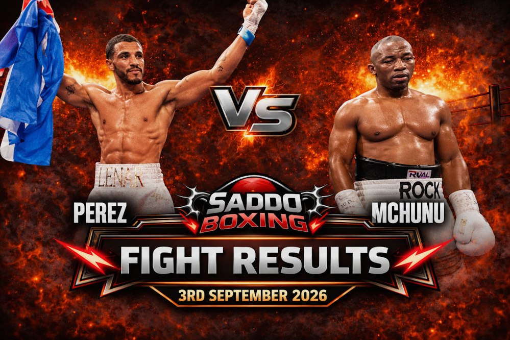 Lenar Perez vs Thabiso Mchunu fight results graphic after Perez scored an eighth-round TKO on September 3, 2026.
