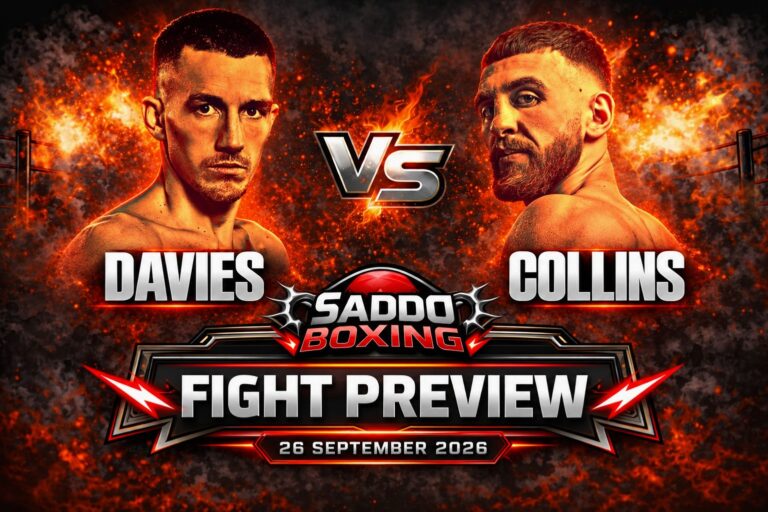 Liam Davies on the left and Nathaniel Collins on the right in a Saddo Boxing fight preview graphic for 26 September 2026.