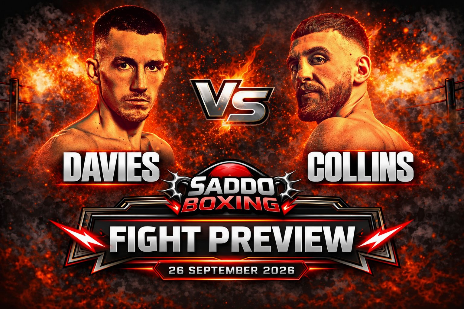 Liam Davies on the left and Nathaniel Collins on the right in a Saddo Boxing fight preview graphic for 26 September 2026.