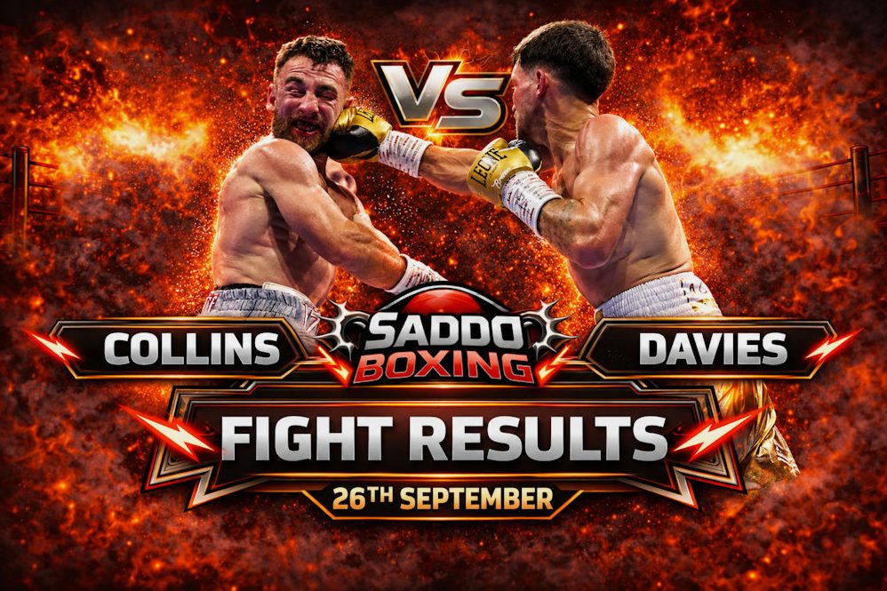 Nathaniel Collins on the left and Liam Davies on the right in a Saddo Boxing Fight Results graphic dated 26 September.