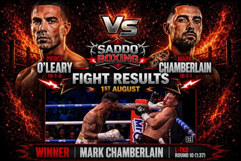 Mark Chamberlain lands a heavy punch on Pierce O'Leary during their IBO World Super Lightweight title fight, featured on a Saddo Boxing fight results graphic after Chamberlain's tenth-round TKO victory.