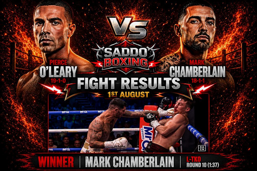 Mark Chamberlain lands a heavy punch on Pierce O'Leary during their IBO World Super Lightweight title fight, featured on a Saddo Boxing fight results graphic after Chamberlain's tenth-round TKO victory.
