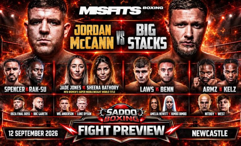 Jordan McCann vs Big Stacks Misfits Boxing Newcastle fight preview featuring Jade Jones, Sheena Bathory and the full card
