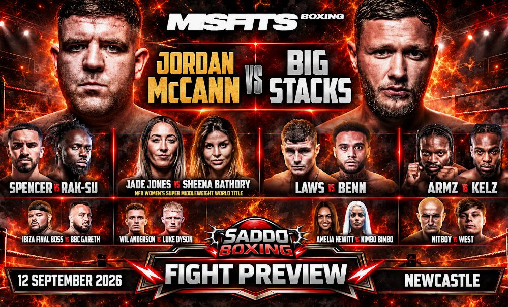 Jordan McCann vs Big Stacks Misfits Boxing Newcastle fight preview featuring Jade Jones, Sheena Bathory and the full card