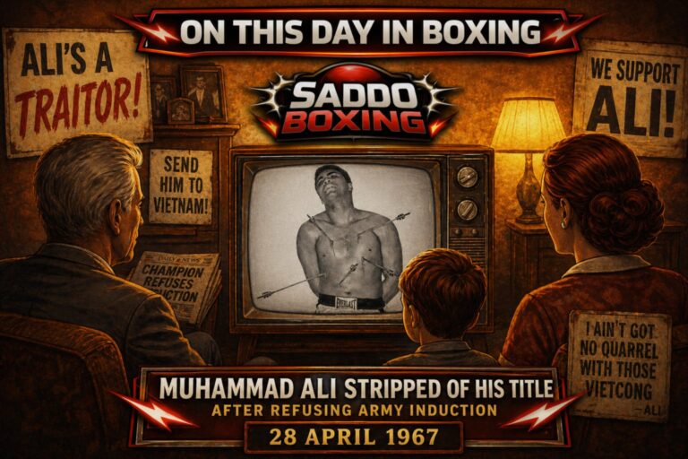 Muhammad Ali shown on a vintage television as a family watches, with protest signs reflecting public reaction to his refusal of army induction in 1967