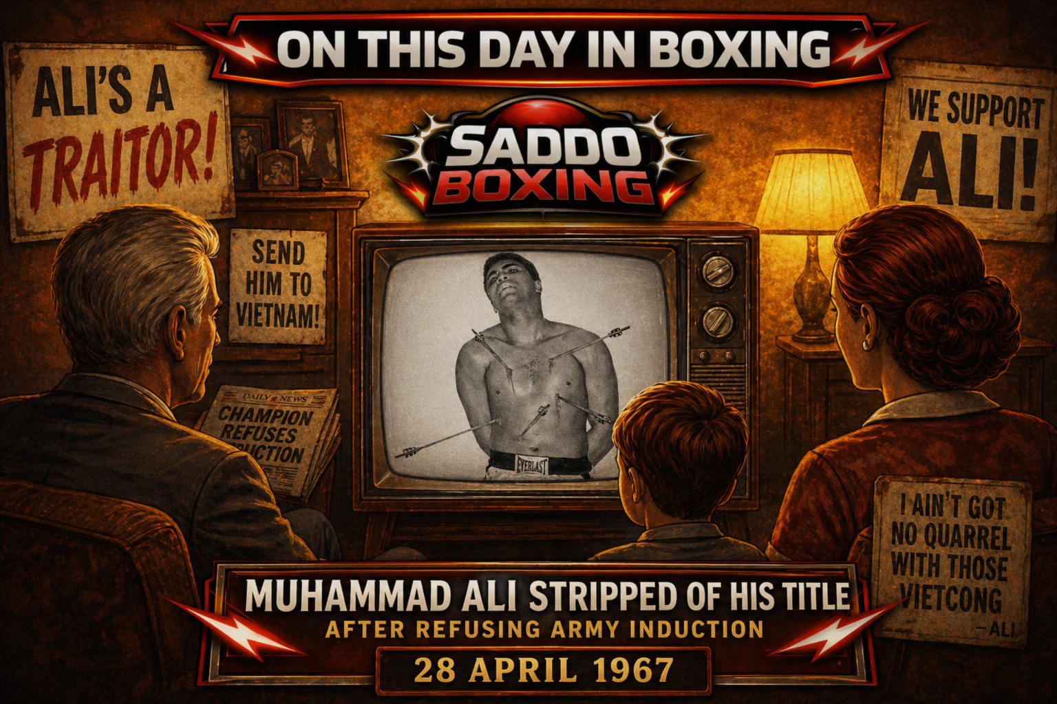 Muhammad Ali shown on a vintage television as a family watches, with protest signs reflecting public reaction to his refusal of army induction in 1967