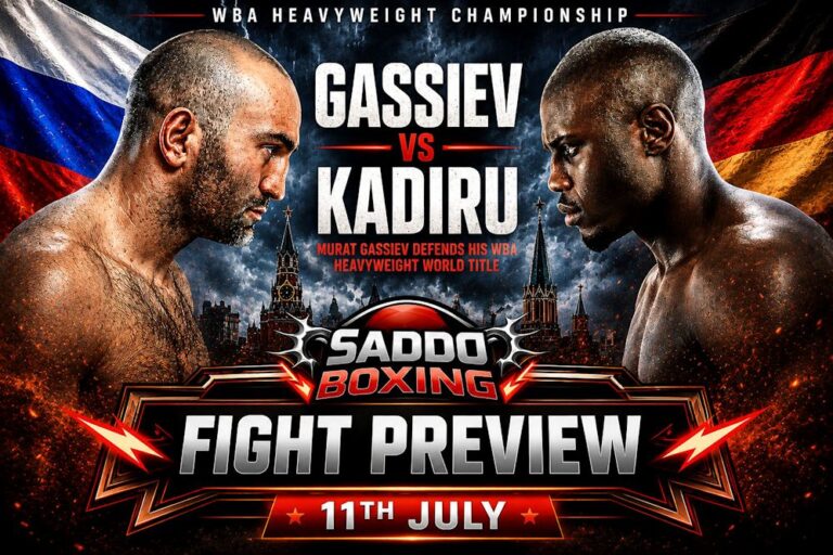 Murat Gassiev and Peter Kadiru face off in the official Saddo Boxing fight preview graphic for their WBA Heavyweight Championship clash on 11th July.