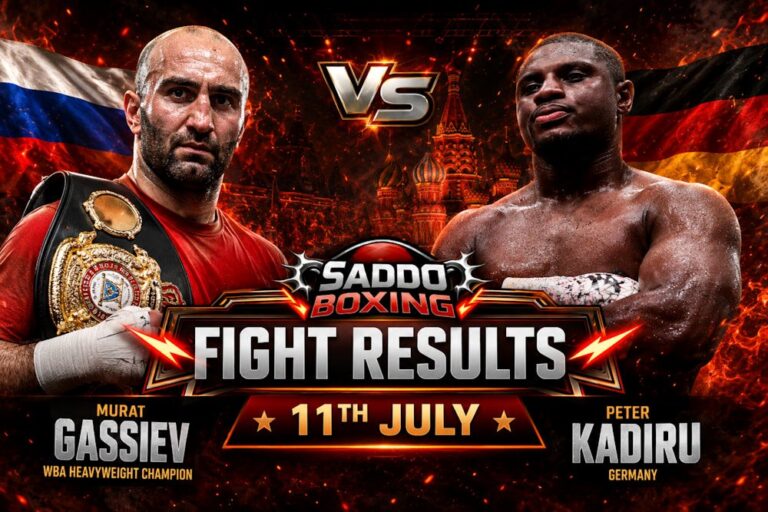 Murat Gassiev celebrates after defeating Peter Kadiru by sixth-round TKO to retain the WBA Heavyweight Championship in the official Saddo Boxing fight results graphic dated 11th July.