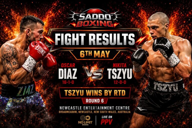 Nikita Tszyu vs Oscar Diaz fight results poster showing Tszyu defeating Diaz by RTD in round 6 at Newcastle Entertainment Centre
