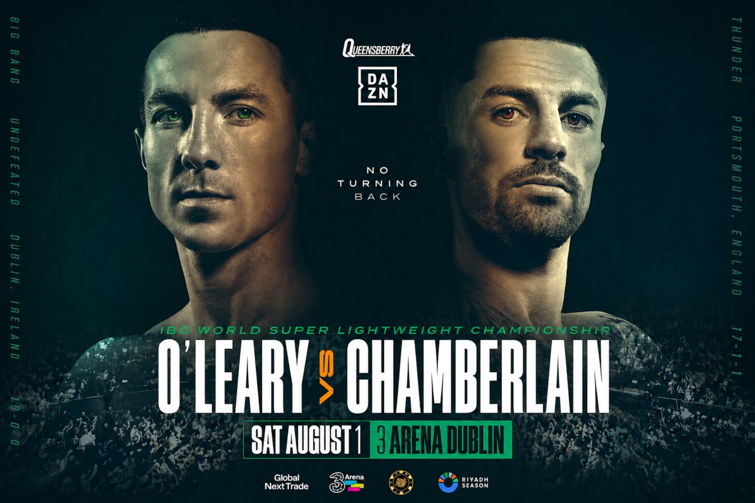 Pierce O’Leary and Mark Chamberlain face off in a dramatic fight poster ahead of their IBO super lightweight title clash at Dublin’s 3Arena on August 1