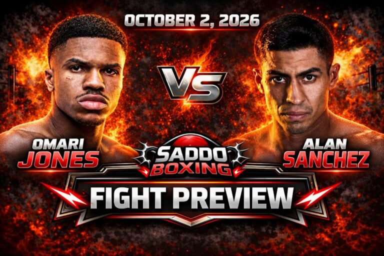 Saddo Boxing fight preview graphic for Omari Jones vs Alan Sanchez on October 2, 2026.