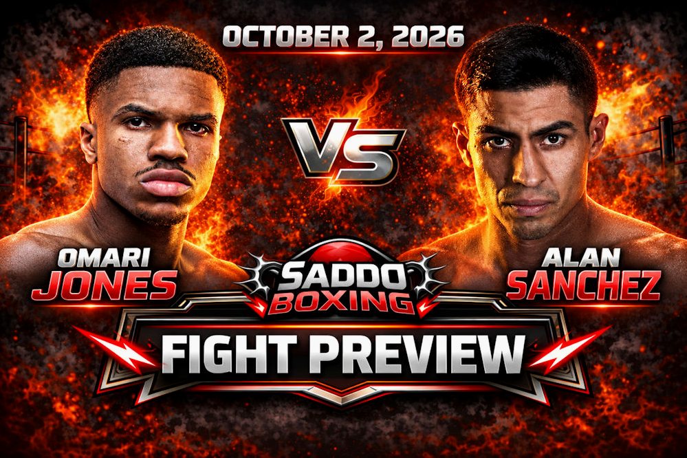 Saddo Boxing fight preview graphic for Omari Jones vs Alan Sanchez on October 2, 2026.