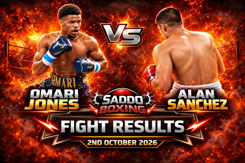 Saddo Boxing Fight Results graphic featuring Omari Jones and Alan Sanchez after their October 2, 2026 bout.