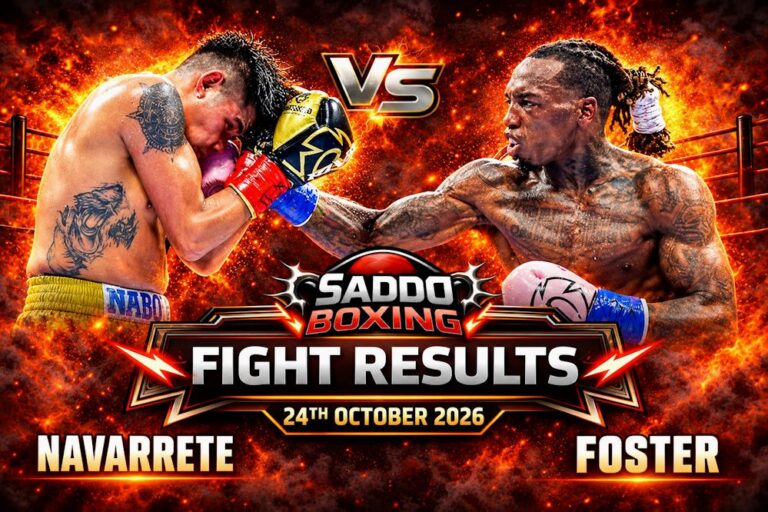 Saddo Boxing Fight Results graphic showing O’Shaquie Foster punching Emanuel Navarrete, with both fighters’ names and the date 24 October 2026.