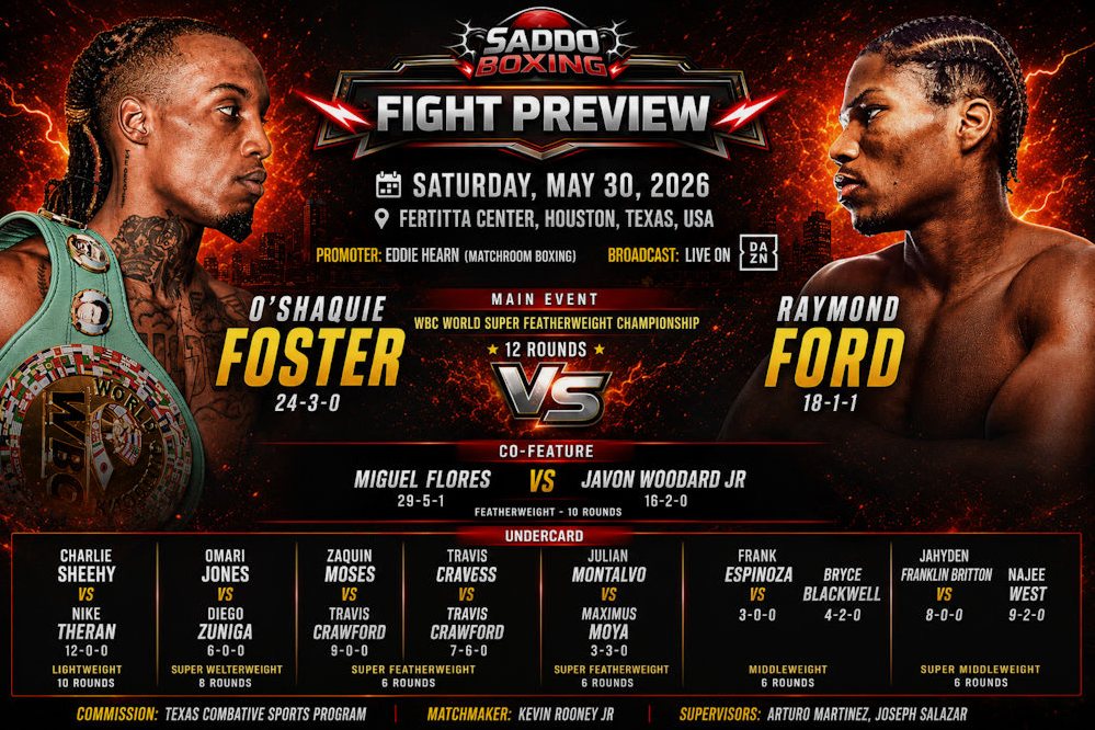 O’Shaquie Foster and Raymond Ford face off in a Saddo Boxing fight preview graphic ahead of their WBC World Super Featherweight title clash in Houston.