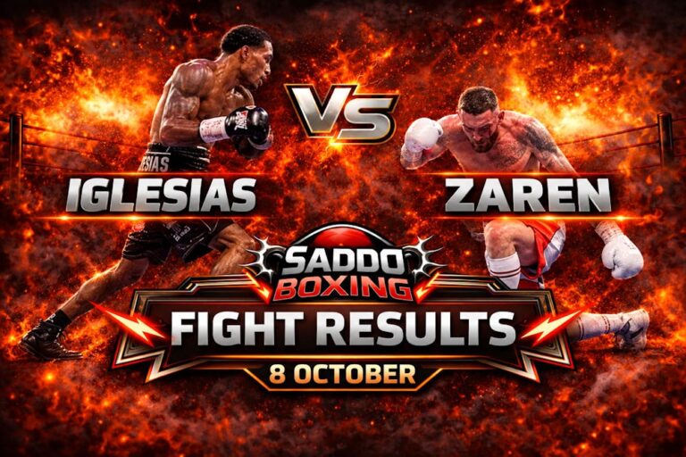 Saddo Boxing Fight Results graphic showing Osleys Iglesias on the left and Oliver Zaren on the right, dated 8 October