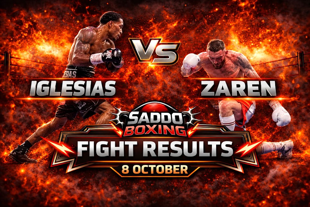 Saddo Boxing Fight Results graphic showing Osleys Iglesias on the left and Oliver Zaren on the right, dated 8 October
