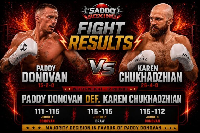 Paddy Donovan and Karen Chukhadzhian featured on a fiery Saddo Boxing fight results poster after Donovan’s majority decision win in Germany.