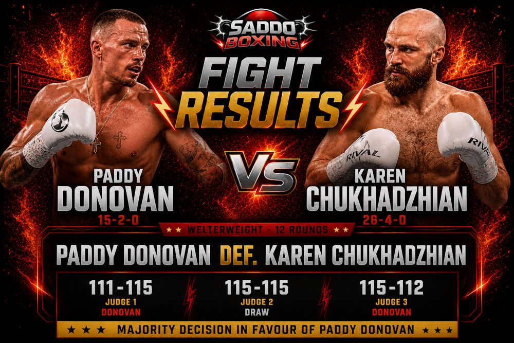 Paddy Donovan and Karen Chukhadzhian featured on a fiery Saddo Boxing fight results poster after Donovan’s majority decision win in Germany.