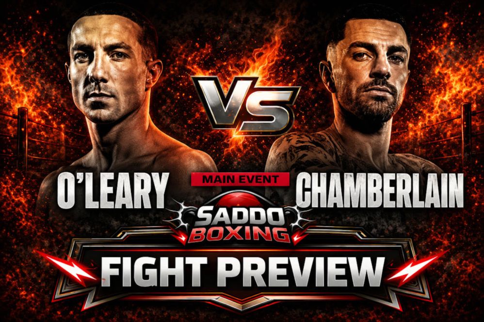 Pierce O'Leary and Mark Chamberlain face off in a Saddo Boxing fight preview graphic ahead of their super lightweight main event in Dublin.