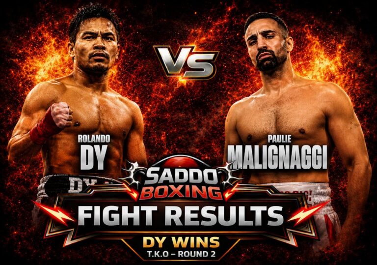 Rolando Dy and Paulie Malignaggi on Saddo Boxing fight results graphic after Dy’s second-round bare knuckle stoppage win