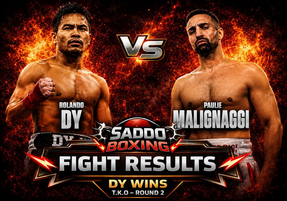 Rolando Dy and Paulie Malignaggi on Saddo Boxing fight results graphic after Dy’s second-round bare knuckle stoppage win