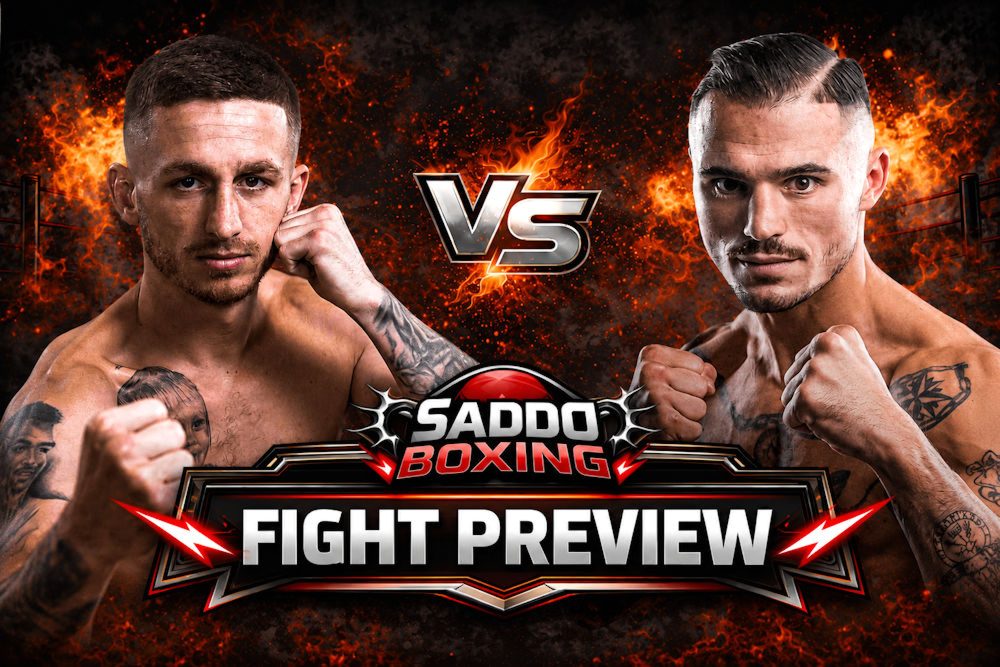Ryan Garner and Michael Magnesi face off in a Saddo Boxing fight preview graphic ahead of their super featherweight showdown.