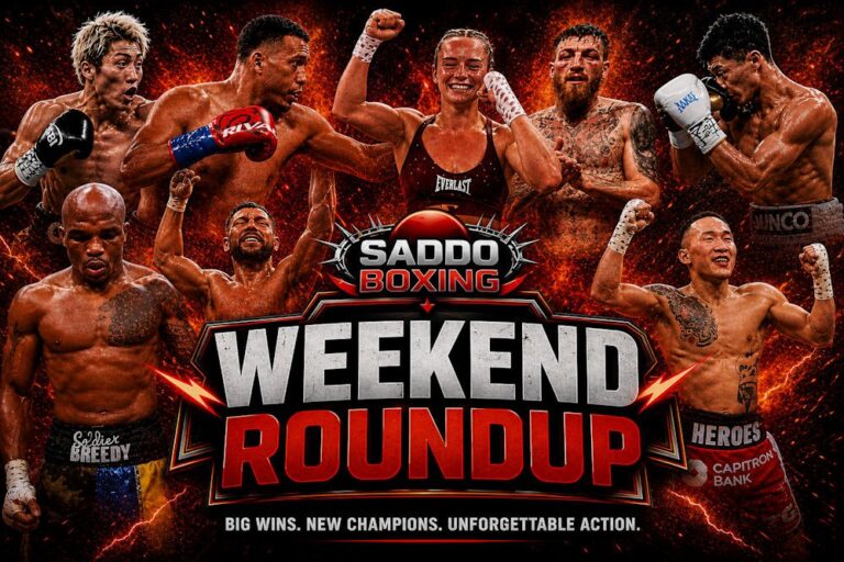 Saddo Boxing weekend roundup poster featuring David Benavidez, Naoya Inoue, Skye Nicolson, Conah Walker, Tsendbaatar Erdenebat and other fighters from major boxing results across the weekend.