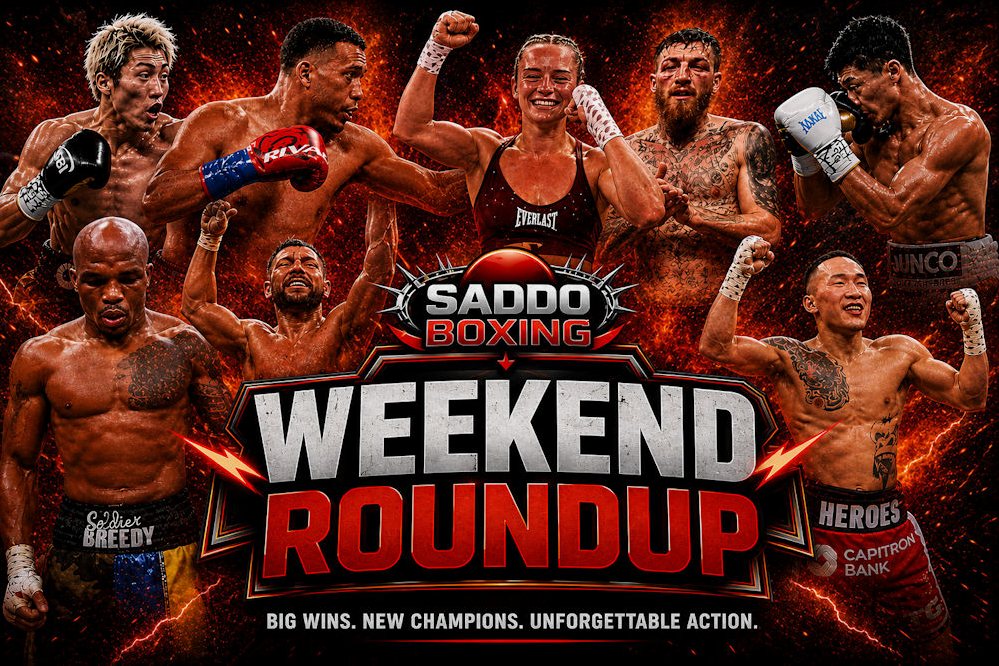 Saddo Boxing weekend roundup poster featuring David Benavidez, Naoya Inoue, Skye Nicolson, Conah Walker, Tsendbaatar Erdenebat and other fighters from major boxing results across the weekend.