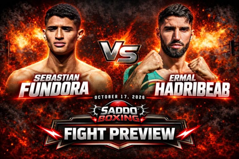 Saddo Boxing Fight Preview graphic for Sebastian Fundora vs Ermal Hadribeaj on 17 October 2026, with Fundora on the left and Hadribeaj on the right.