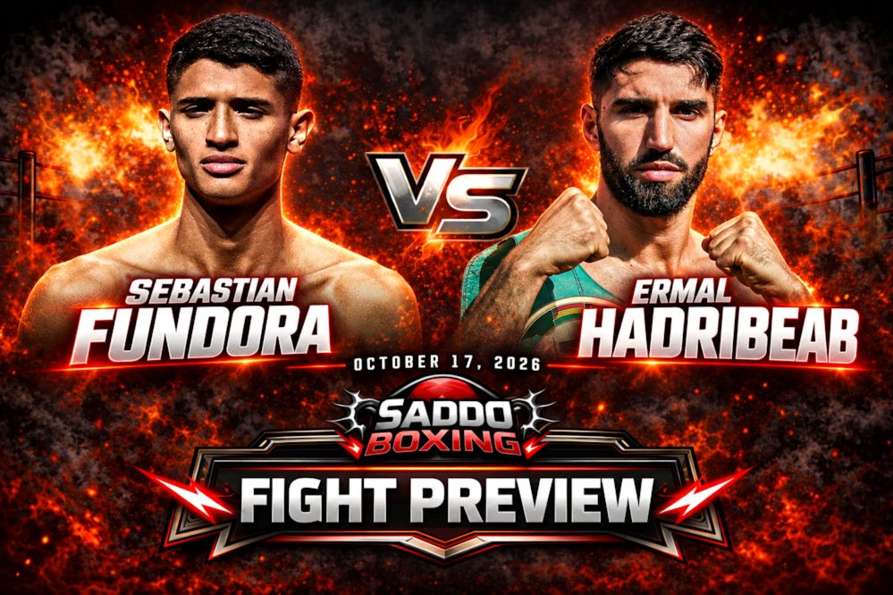 Saddo Boxing Fight Preview graphic for Sebastian Fundora vs Ermal Hadribeaj on 17 October 2026, with Fundora on the left and Hadribeaj on the right.
