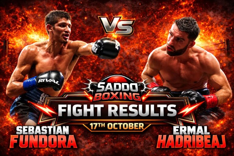 Saddo Boxing Fight Results graphic showing Sebastian Fundora on the left and Ermal Hadribeaj on the right, with the date 17 October.
