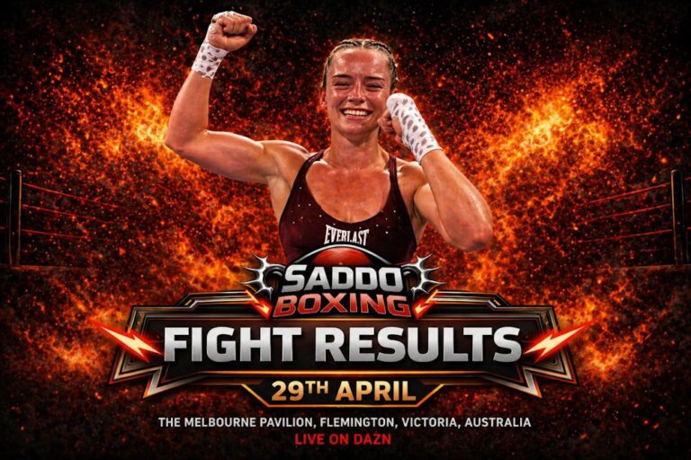 Skye Nicolson celebrating victory in boxing ring displayed on fight results poster with fiery background for Melbourne April 29 2026 event