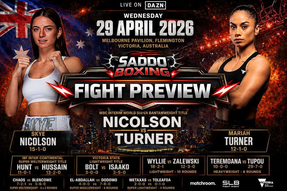Skye Nicolson vs Mariah Turner fight preview poster showing both fighters with event details for April 29 2026 in Melbourne Australia
