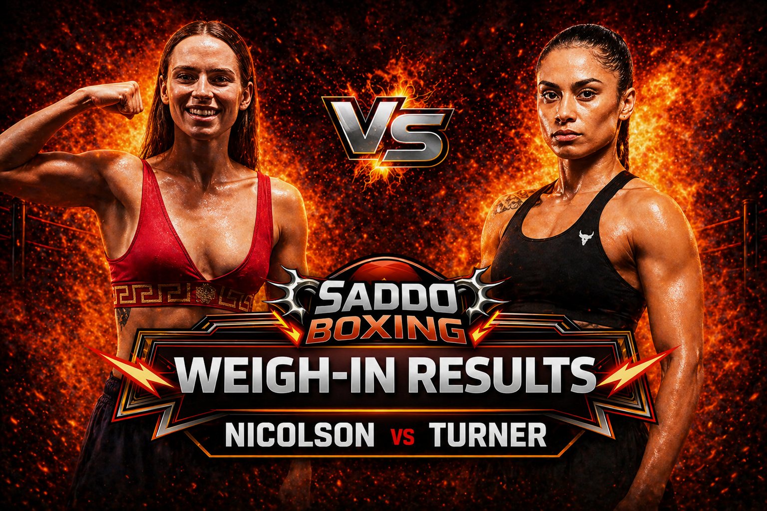 Skye Nicolson and Mariah Turner weigh-in results poster with both fighters facing off against a fiery background ahead of their April 29 2026 bout