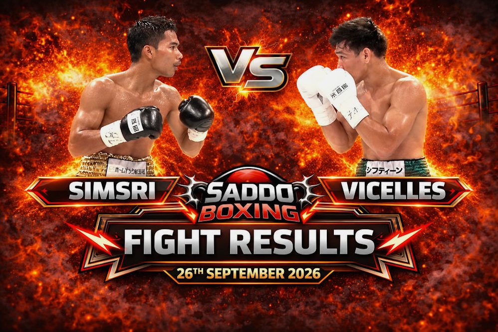 Saddo Boxing Fight Results graphic showing Thanongsak Simsri on the left and Mark Vicelles on the right, with their names and the date 26 September 2026.