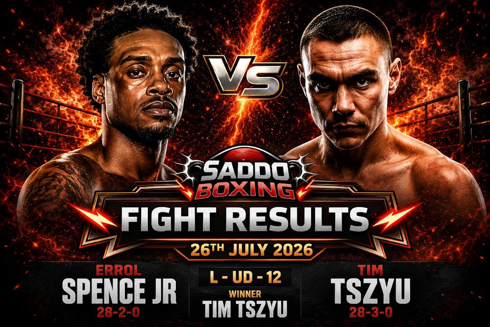 Errol Spence Jr and Tim Tszyu featured in Saddo Boxing fight results artwork after Tszyu won their 12-round bout by unanimous decision.