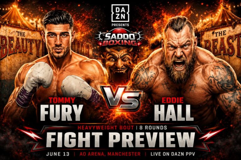 Saddo Boxing fight preview image featuring Tommy Fury and Eddie Hall ahead of their heavyweight clash at AO Arena Manchester on June 13.