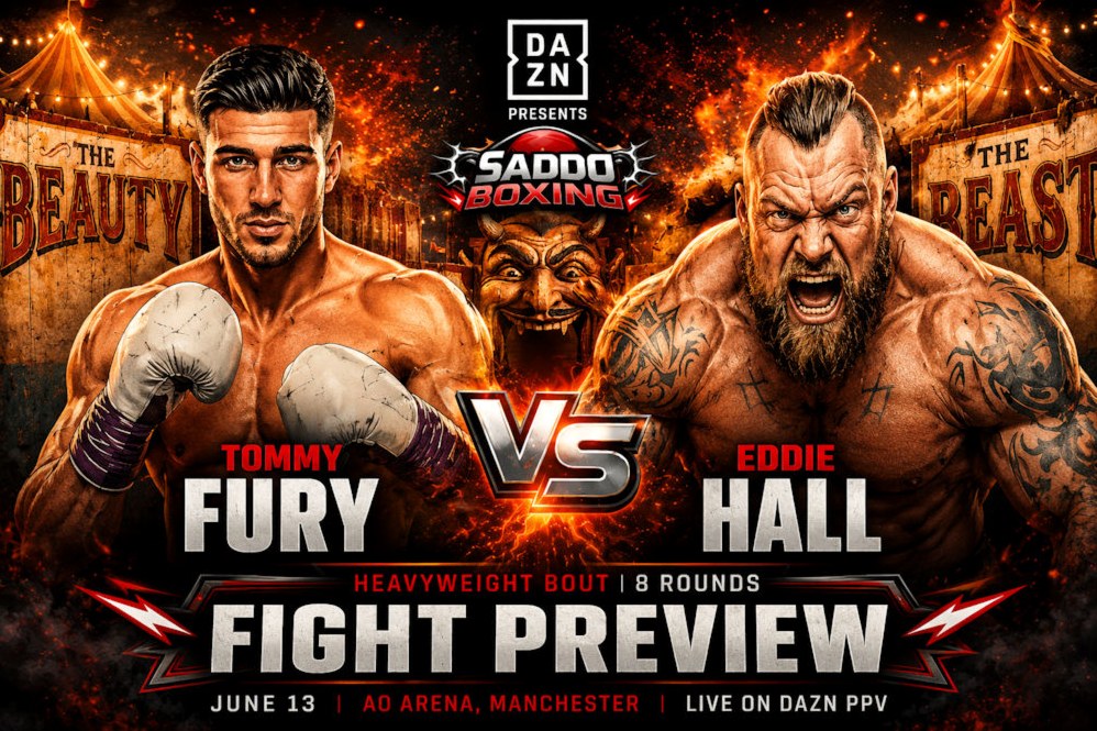 Saddo Boxing fight preview image featuring Tommy Fury and Eddie Hall ahead of their heavyweight clash at AO Arena Manchester on June 13.
