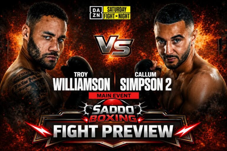 Troy Williamson and Callum Simpson face off in the official Saddo Boxing fight preview graphic ahead of their super middleweight rematch in Leeds.