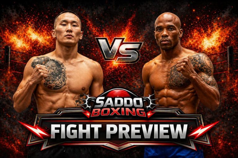 Tsendbaatar Erdenebat and Cobia Breedy face off in a fight preview poster with fiery background and Saddo Boxing branding