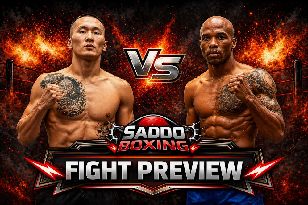 Tsendbaatar Erdenebat and Cobia Breedy face off in a fight preview poster with fiery background and Saddo Boxing branding