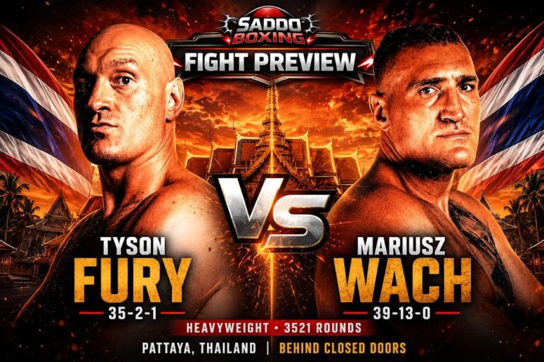 Tyson Fury and Mariusz Wach face off in a Saddo Boxing fight preview graphic ahead of their heavyweight bout in Pattaya, Thailand.