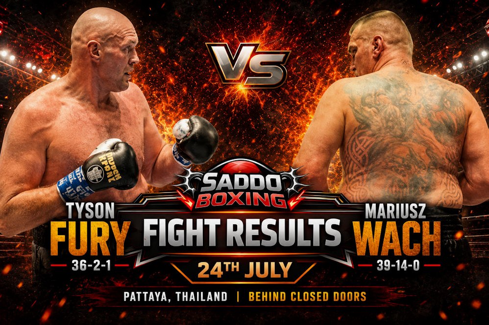 Tyson Fury pressures Mariusz Wach in the ring during their heavyweight fight in Thailand, featured in a Saddo Boxing Fight Results graphic following Fury's seventh-round stoppage victory.