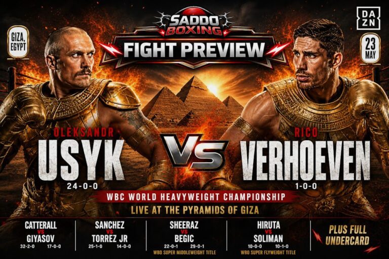 Oleksandr Usyk and Rico Verhoeven face off in a dramatic Saddo Boxing fight preview graphic for their heavyweight clash at the Pyramids of Giza in Egypt