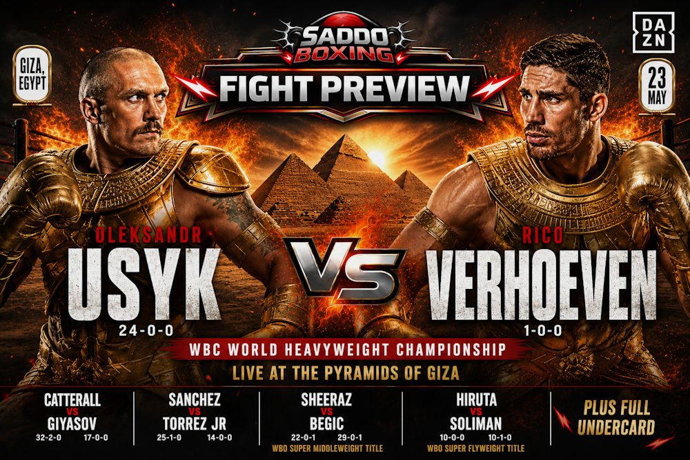 Oleksandr Usyk and Rico Verhoeven face off in a dramatic Saddo Boxing fight preview graphic for their heavyweight clash at the Pyramids of Giza in Egypt