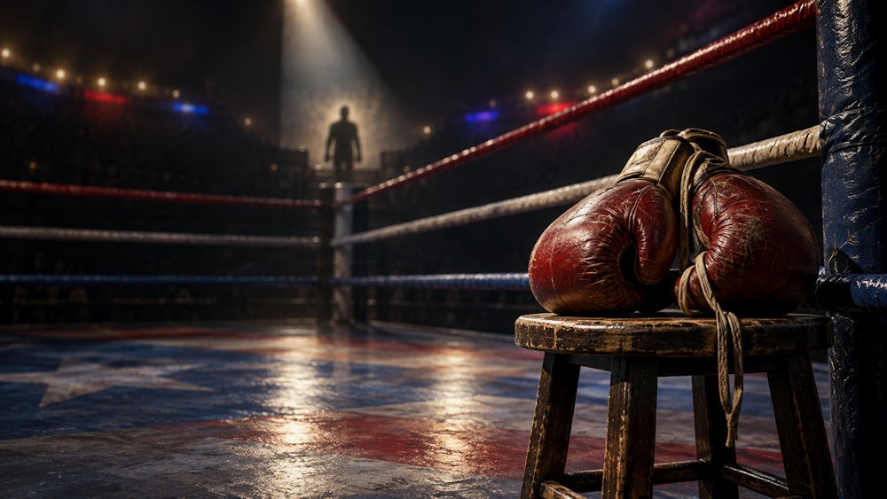 Boxing gloves rest beside the ropes in an empty ring, with Puerto Rican colours, in tribute to Wilfredo “Bazooka” Gómez.